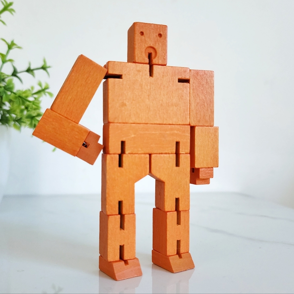 🟧 Cubebot Wooden Robot Micro Toy Orange 2012 Areaware Articulated Puzzle Figure